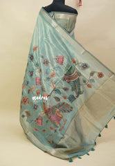 Pastel Aqua Blue - Soft tissue silk with pen kalamkari patch work