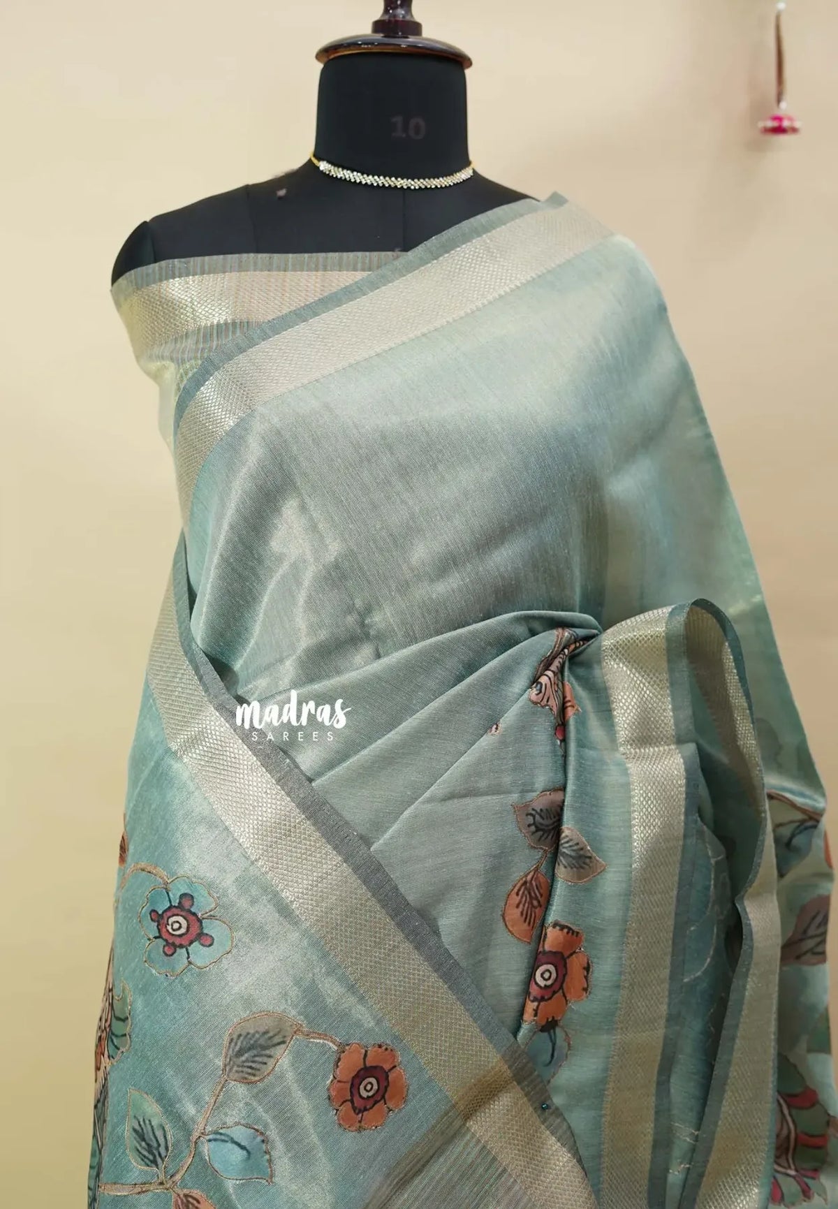 Pastel Aqua Blue - Soft tissue silk with pen kalamkari patch work