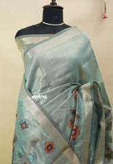 Pastel Aqua Blue - Soft tissue silk with pen kalamkari patch work