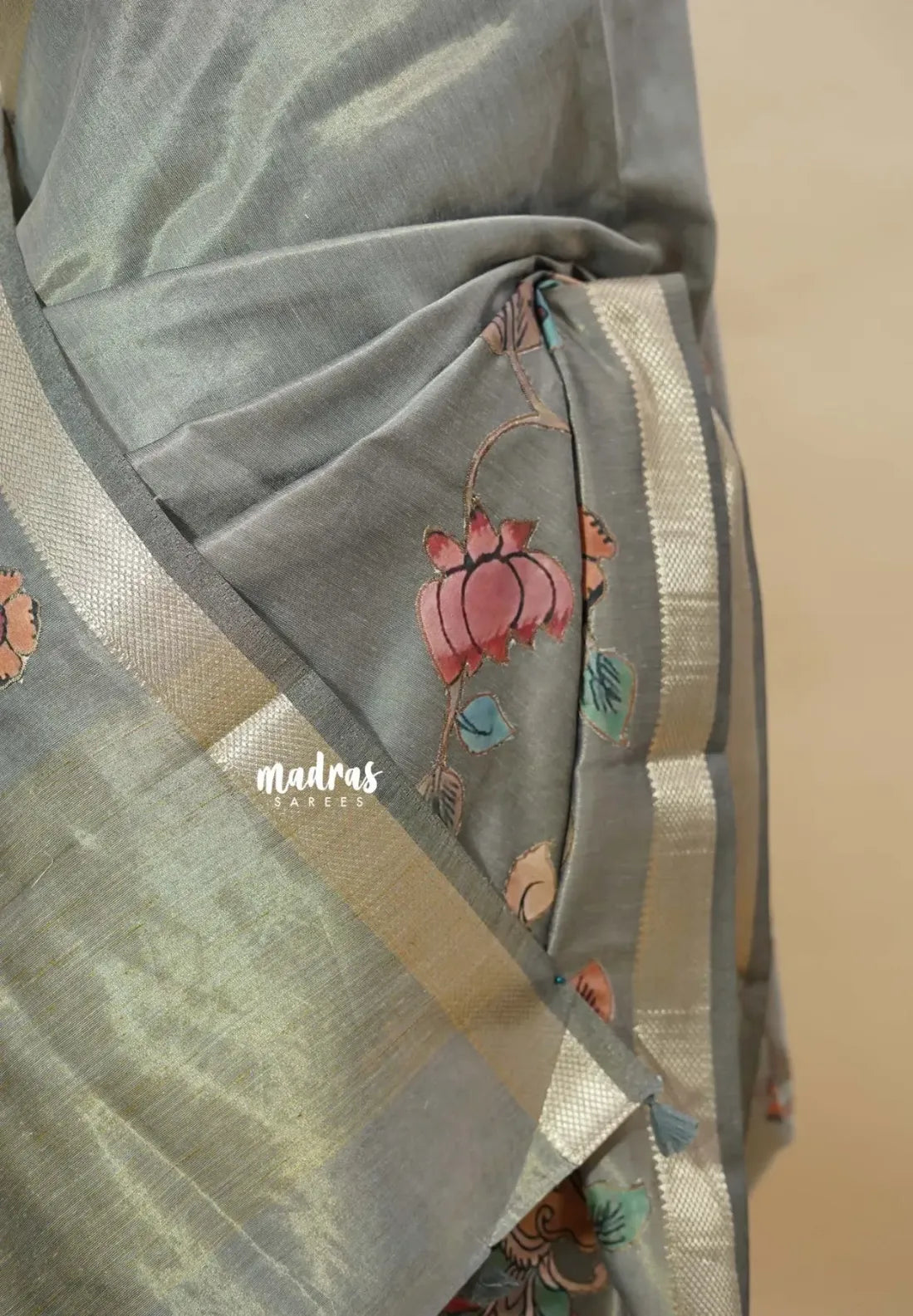 Silver Grey - Soft tissue silk with pen kalamkari patch work