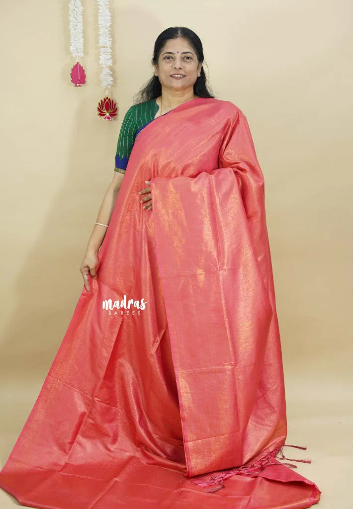Dual Shade Peach pink - Thendral - Soft Kanchi semi silk full weaving body