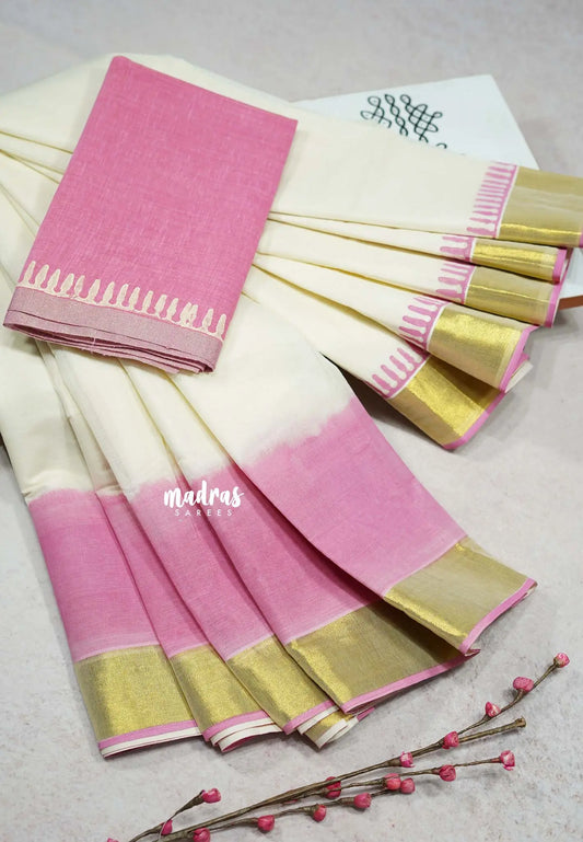 Dusty pink - Gradient Hand-Painted South Cotton Saree with raw silk blouse - Vtv Trisha inspired