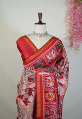 Dual Shade Onion Peach with Red - Sowbhagya Gift silk – Soft Silk Elegance Saree Premium Kalamkari Weaving Body Patola Weaving Border - Perfect for Festive Celebration