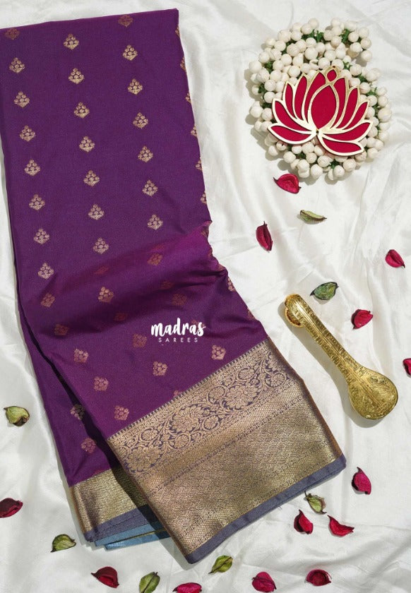 Royal Purple - Sowbhagya Gift Silk – Soft Silk Elegance Saree Contrast Pallu and Blouse with Buttas - Perfect for Festive Celebration