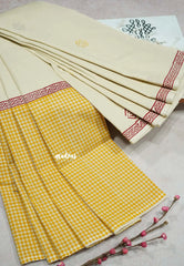 Halfwhite with Yellow blouse - Sowmiya - Organic Bamboo Cotton checks handblock print