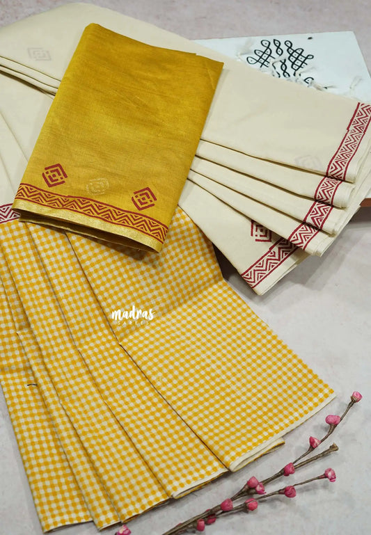 Halfwhite with Yellow blouse - Sowmiya - Organic Bamboo Cotton checks handblock print