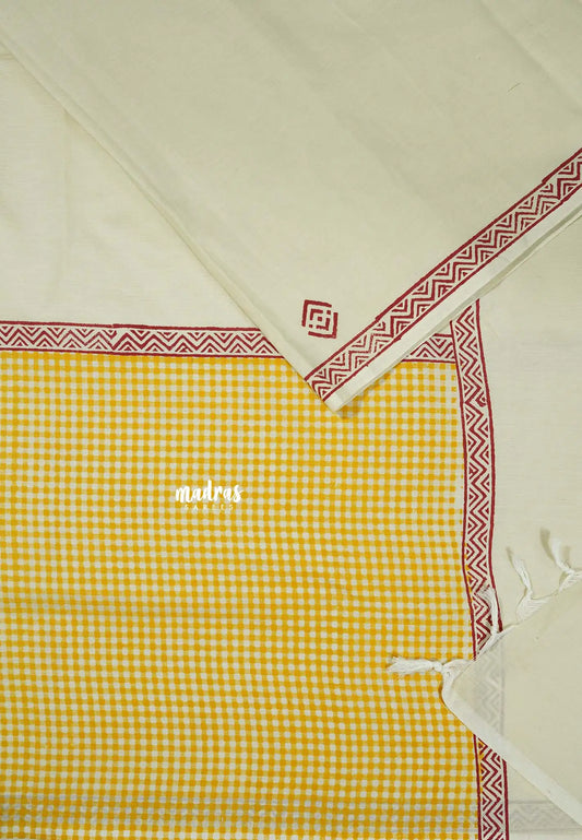 Halfwhite with Yellow blouse - Sowmiya - Organic Bamboo Cotton checks handblock print