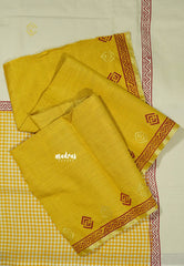 Halfwhite with Yellow blouse - Sowmiya - Organic Bamboo Cotton checks handblock print