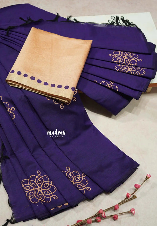 Purple - Sowmiya - Organic Bamboo Cotton with handblock print with raw silk blouse