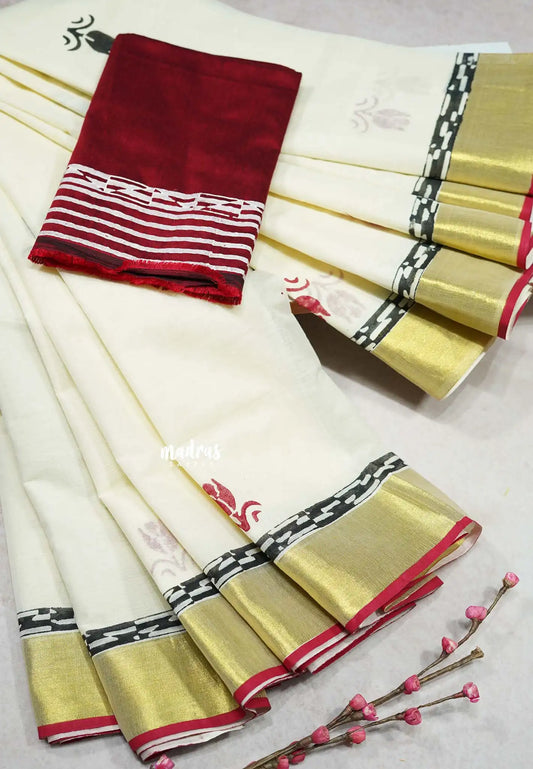 Halfwhite - Sowmiya - Organic Bamboo Cotton thulip print with Tissue Border with raw silk blouse