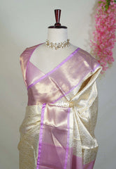 Creamy Ivory with Gold - Sri Lakshmi Premium Semi Silk Saree with Floral Emboss Weave & Getti Border | Elegant Wedding Wear