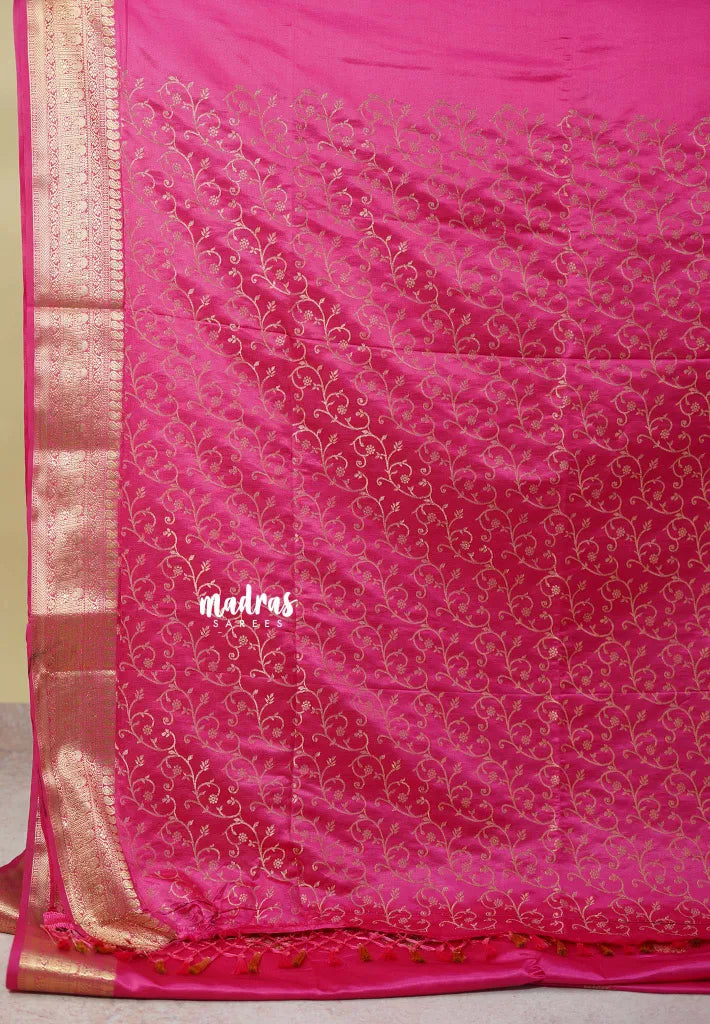 Rose Pink - Sri valli pure satin silk with peacock buttas and gold zari border