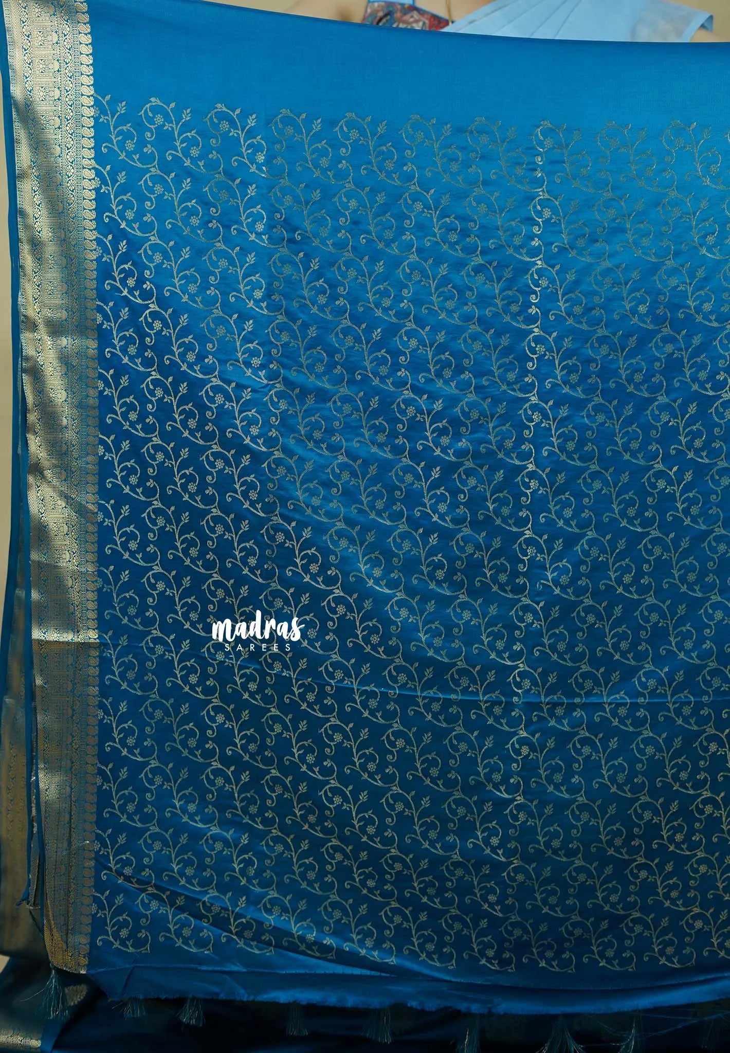 Teal Blue - Sri valli pure satin silk with peacock buttas and gold zari border