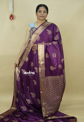 Wine Purple - Sri valli pure satin silk with peacock buttas and gold zari border