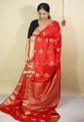 Classic Red - Sri valli pure satin silk with peacock buttas and gold zari border