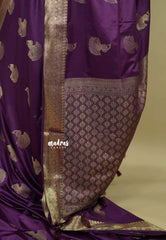 Wine Purple - Sri valli pure satin silk with peacock buttas and gold zari border