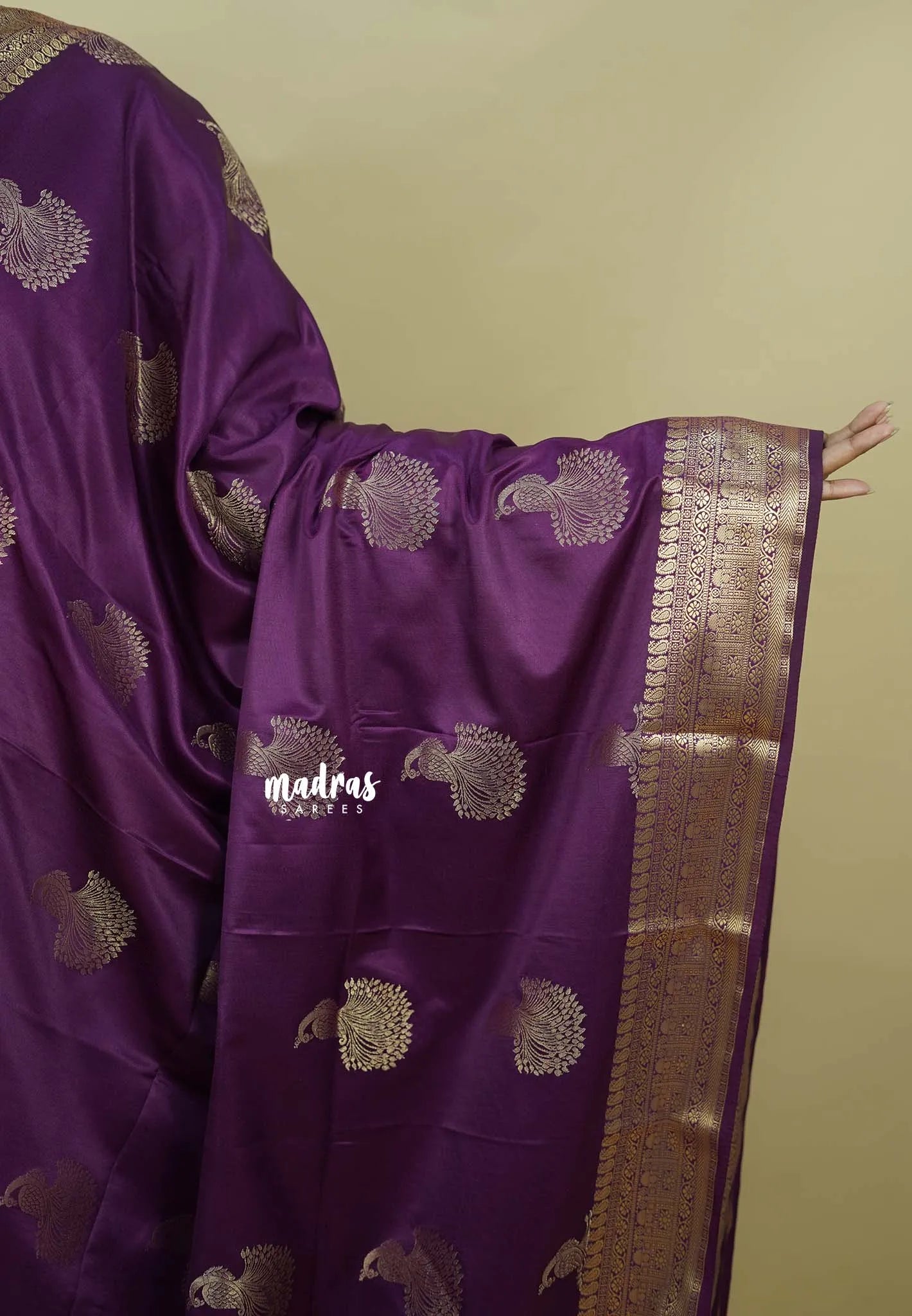 Wine Purple - Sri valli pure satin silk with peacock buttas and gold zari border