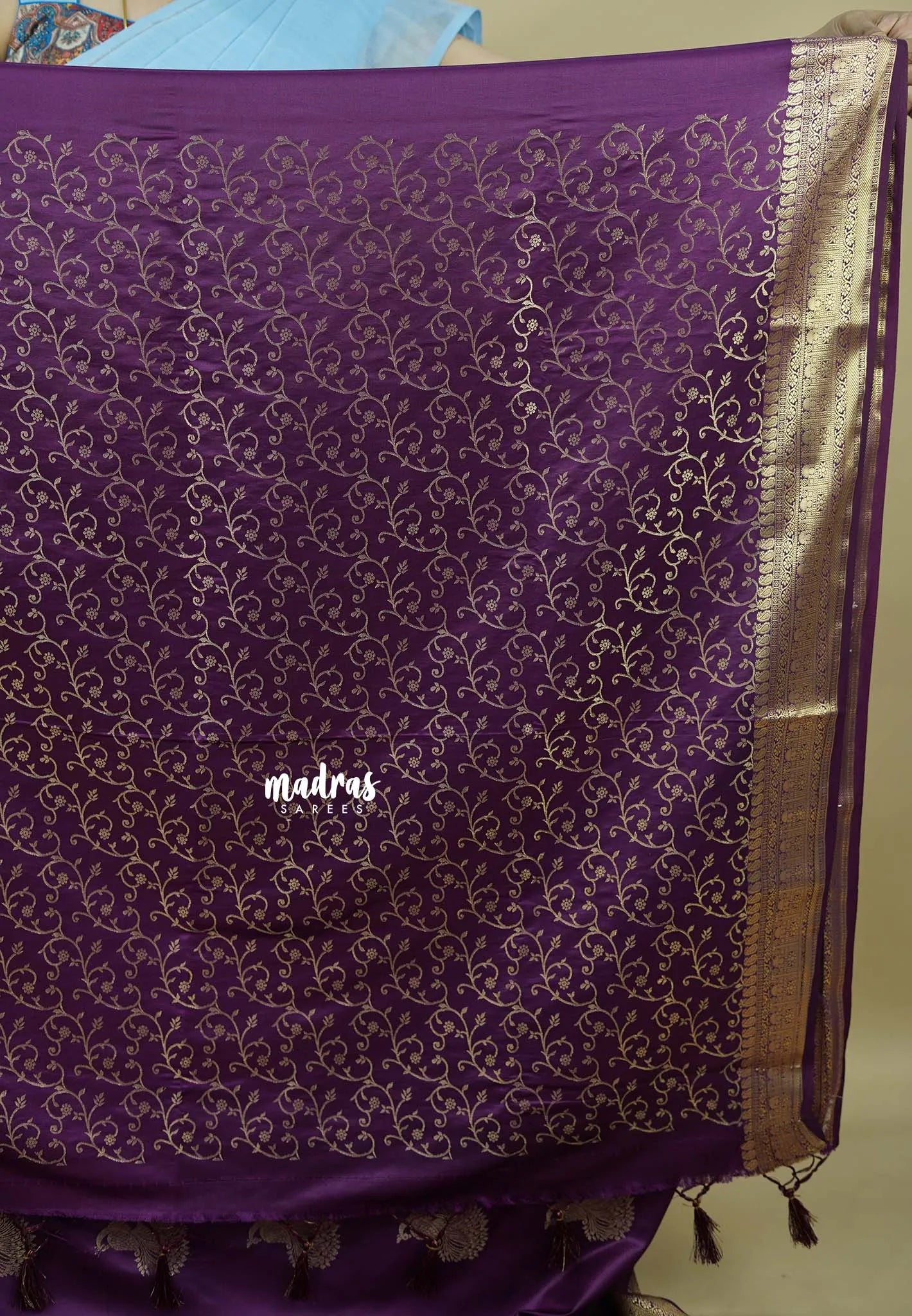 Wine Purple - Sri valli pure satin silk with peacock buttas and gold zari border