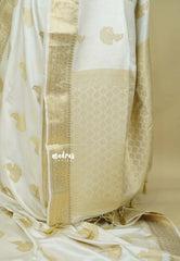 Ivory white - Sri valli pure satin silk with peacock buttas and gold zari border