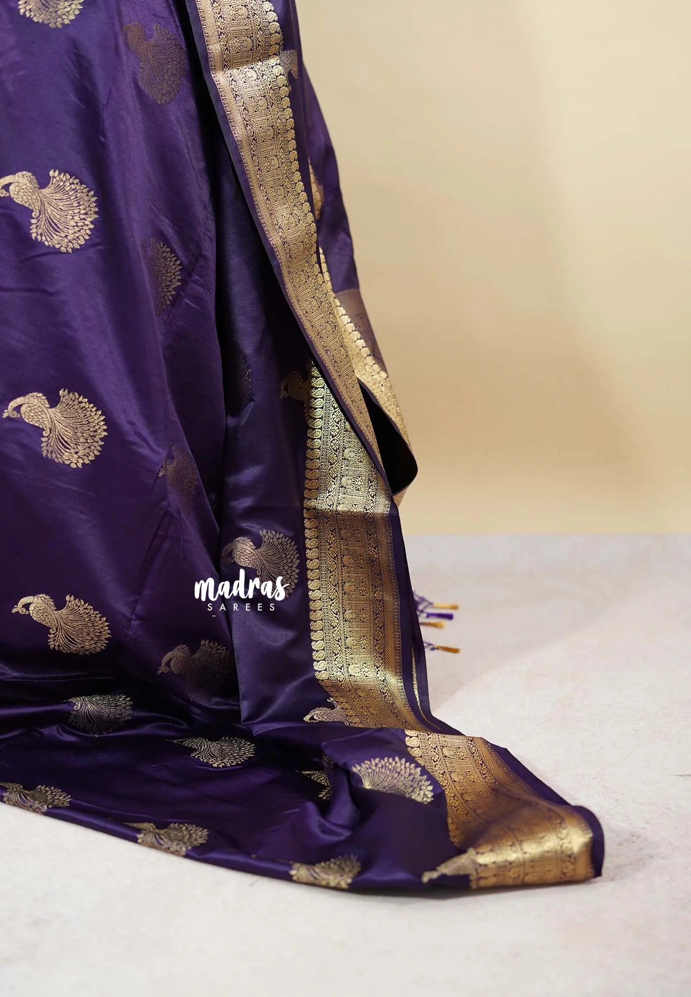 Jamun Purple - Sri valli pure satin silk with peacock buttas and gold zari border