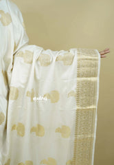 Ivory white - Sri valli pure satin silk with peacock buttas and gold zari border