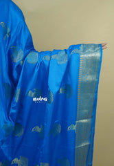 Bright blue - Sri valli pure satin silk with peacock buttas and gold zari border