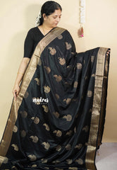 Black Pearl - Sri valli pure satin silk with peacock buttas and gold zari border