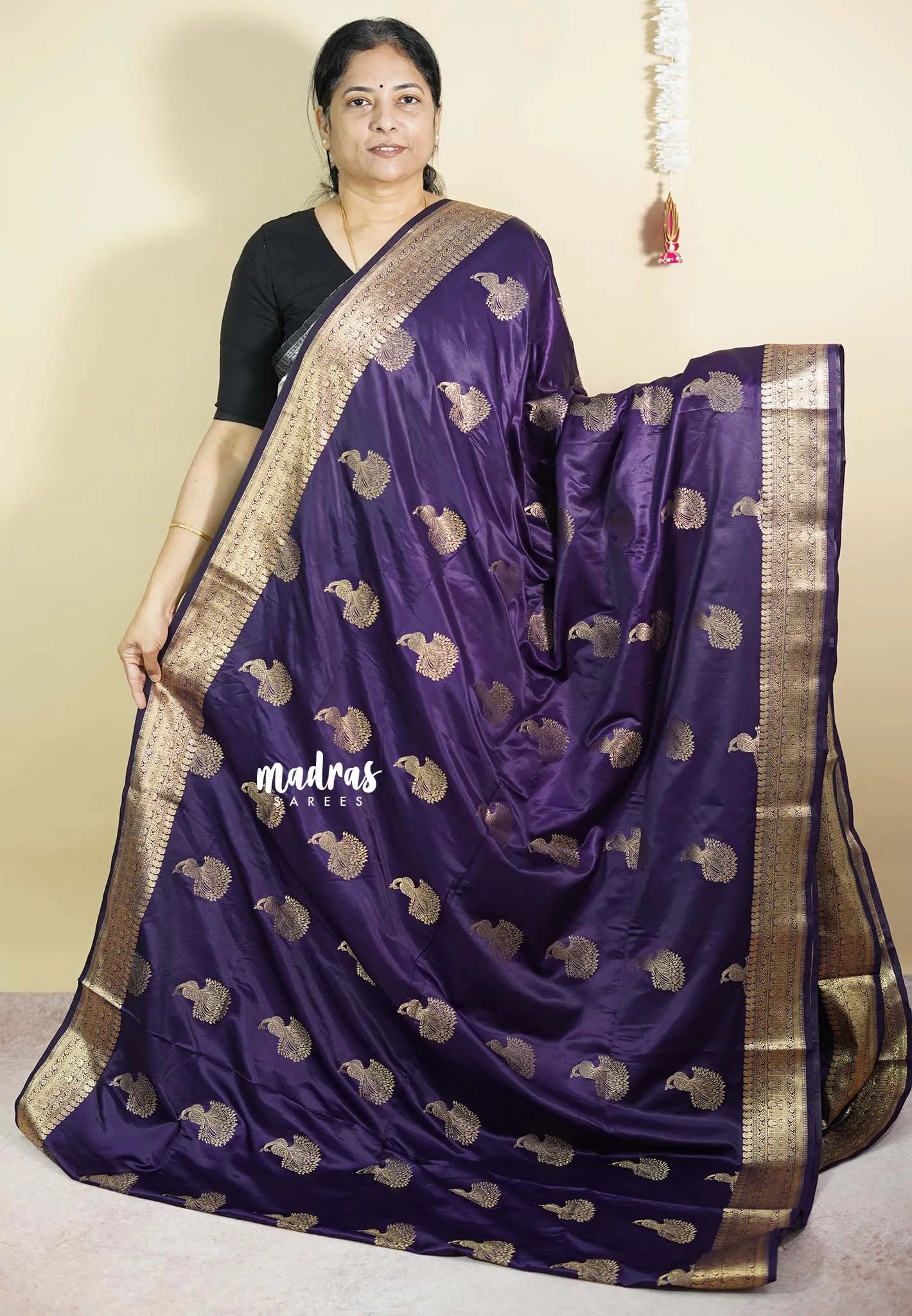 Jamun Purple - Sri valli pure satin silk with peacock buttas and gold zari border