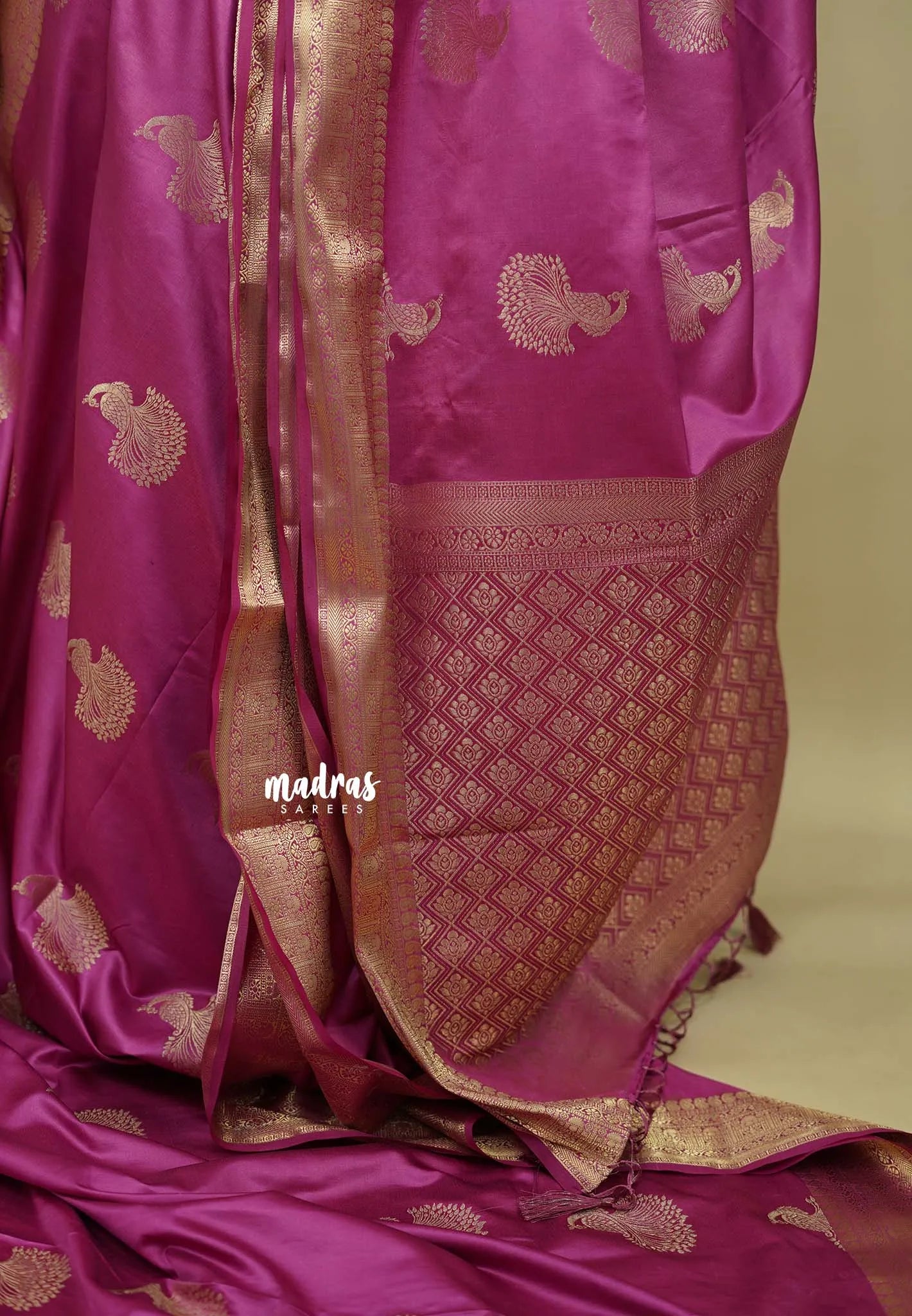 Onion pink - Sri valli pure satin silk with peacock buttas and gold zari border