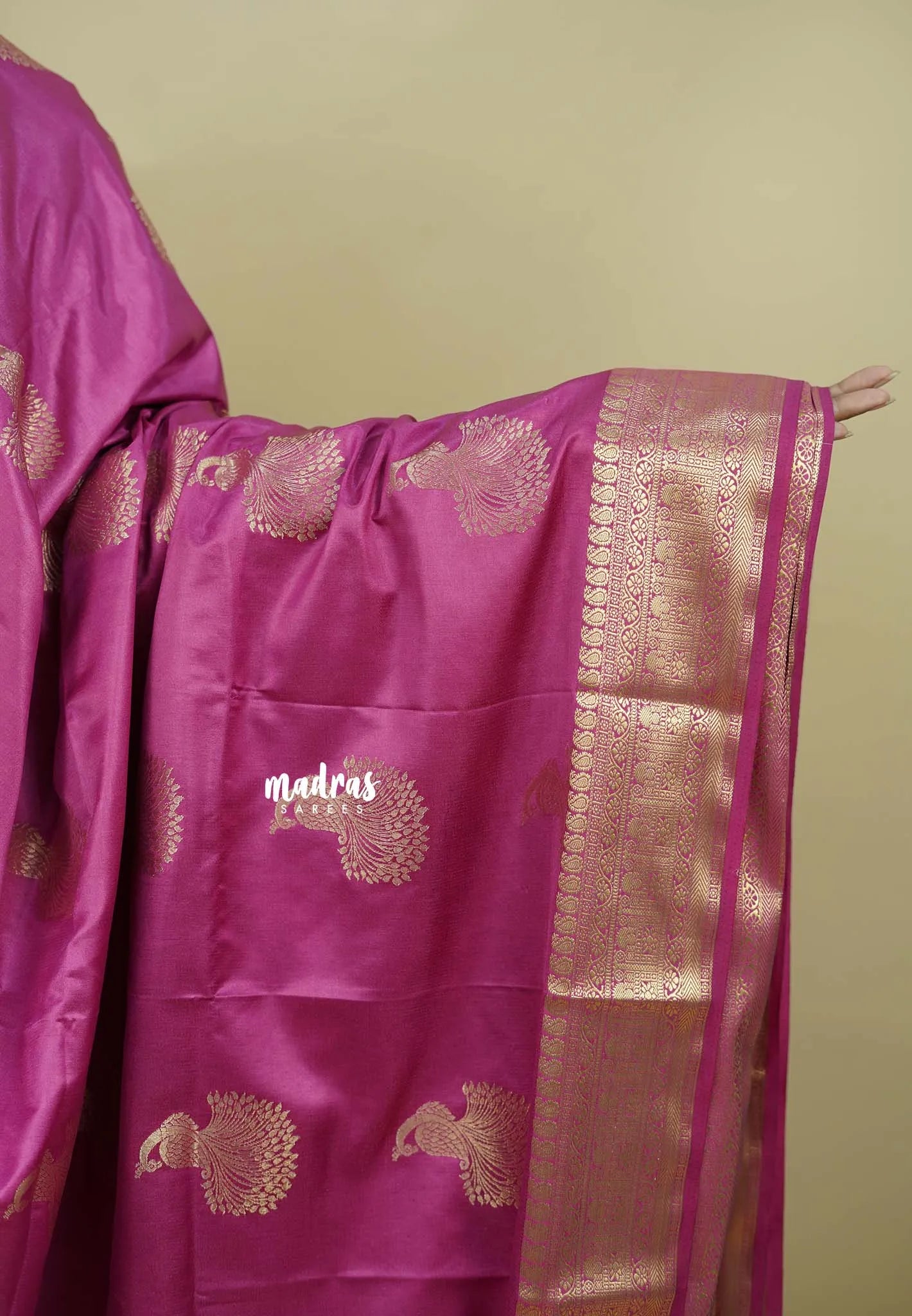Onion pink - Sri valli pure satin silk with peacock buttas and gold zari border