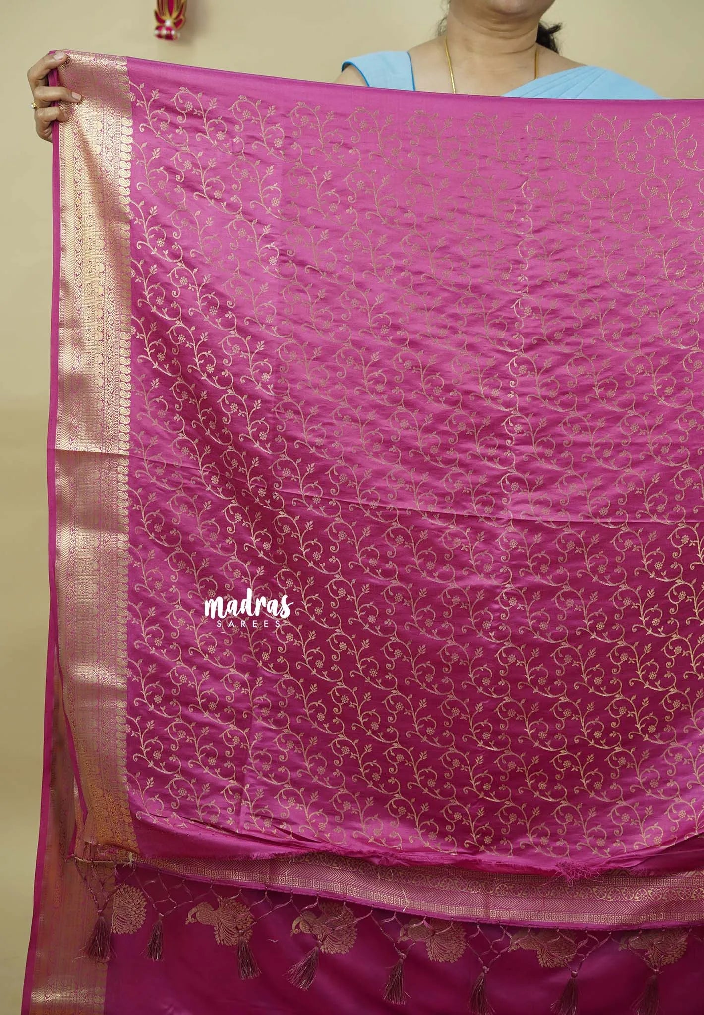 Onion pink - Sri valli pure satin silk with peacock buttas and gold zari border