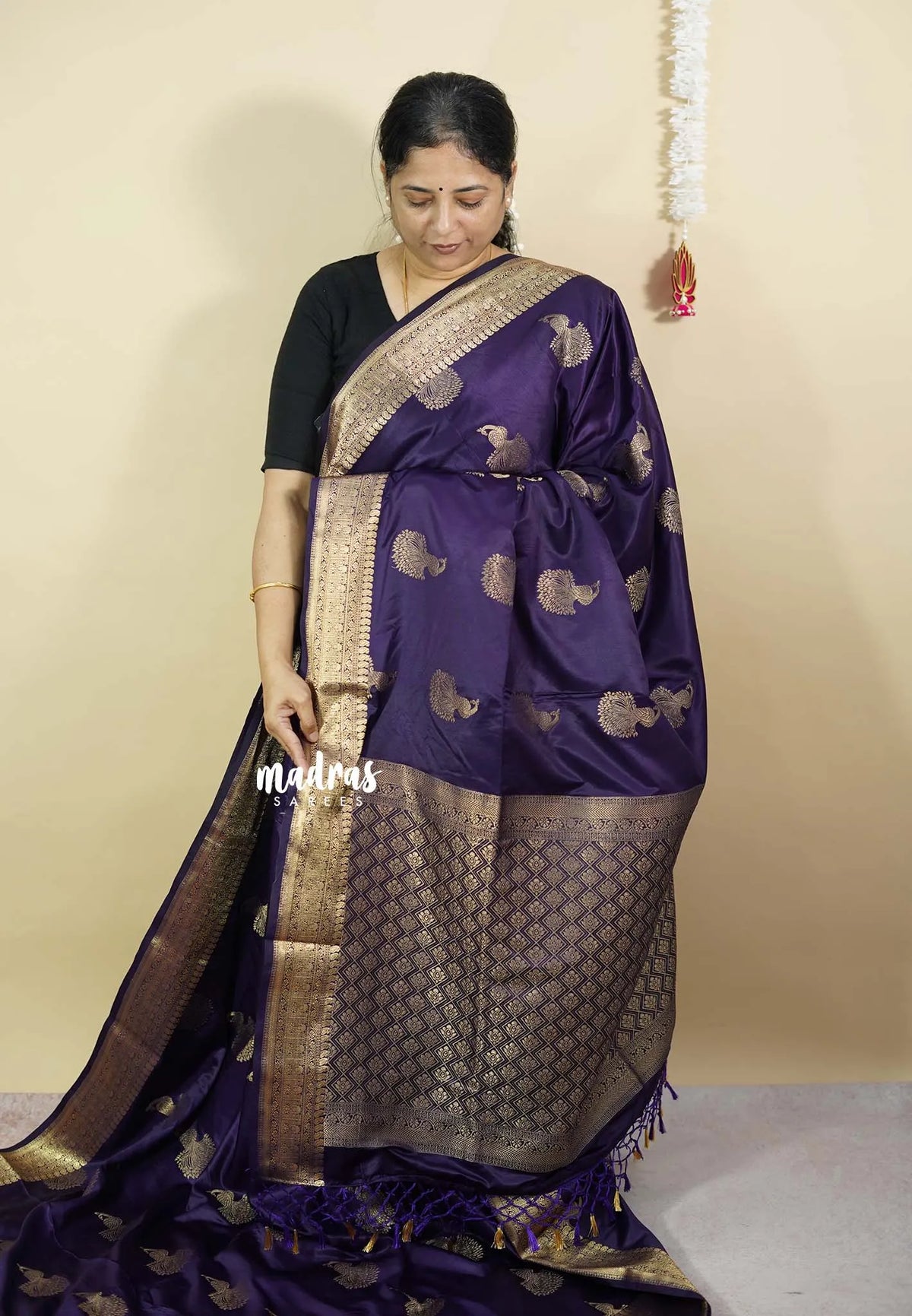 Jamun Purple - Sri valli pure satin silk with peacock buttas and gold zari border