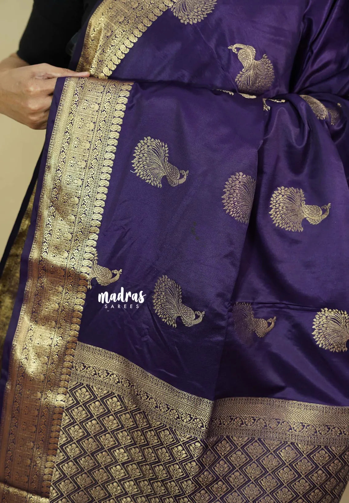 Jamun Purple - Sri valli pure satin silk with peacock buttas and gold zari border