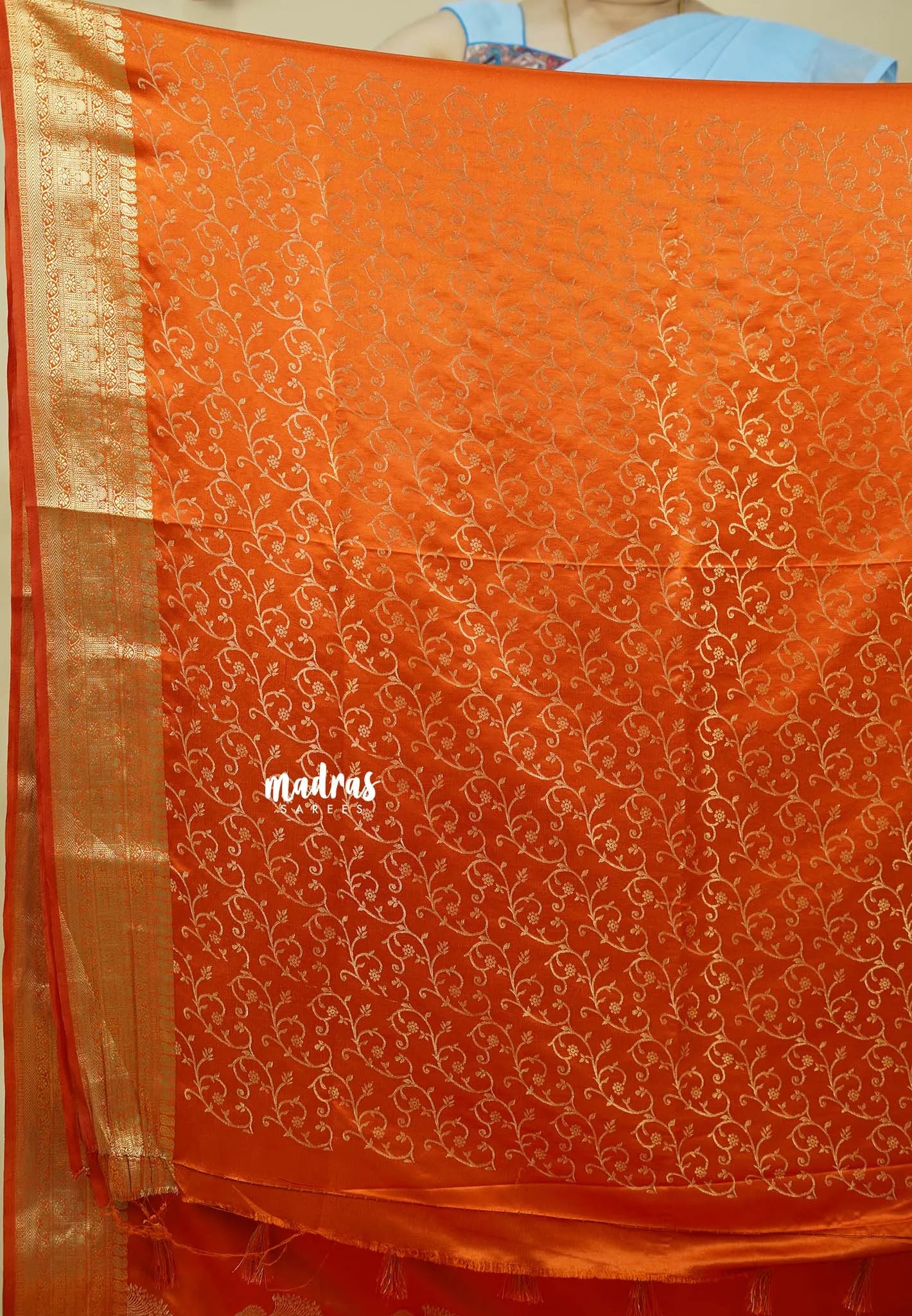 Burnt Orange - Sri valli pure satin silk with peacock buttas and gold zari border