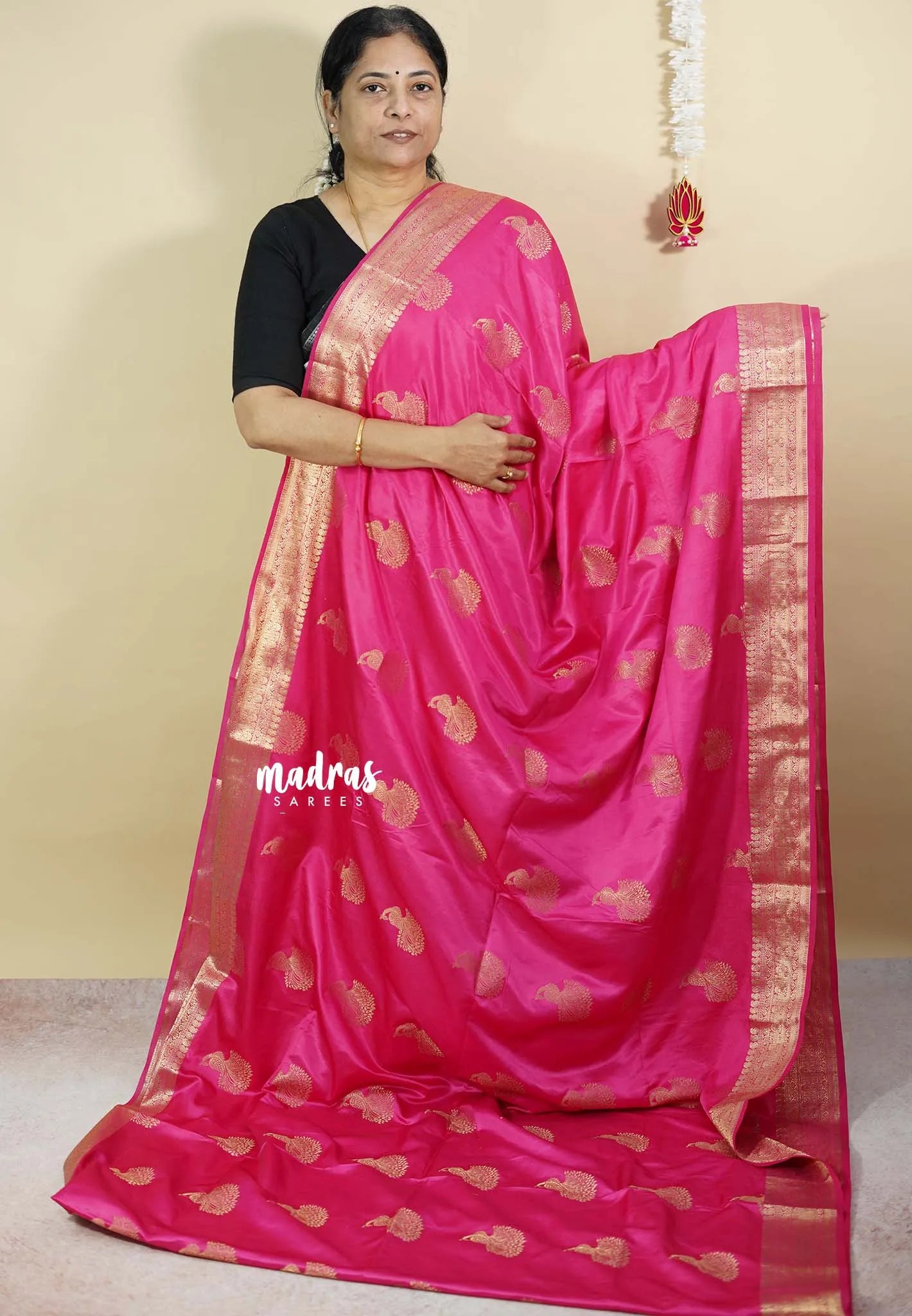 Rose Pink - Sri valli pure satin silk with peacock buttas and gold zari border