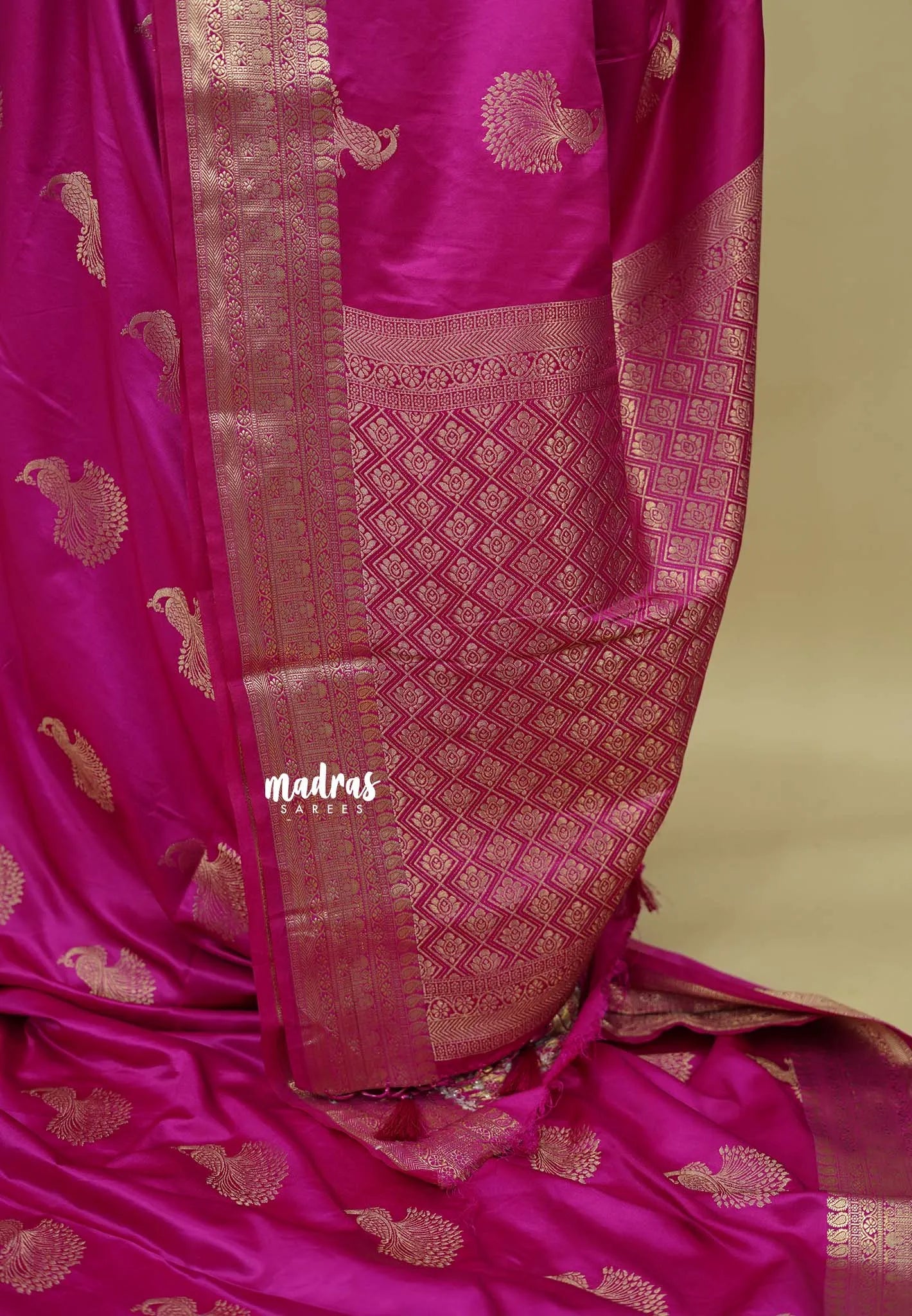 Rani Pink - Sri valli pure satin silk with peacock buttas and gold zari border