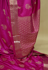 Rani Pink - Sri valli pure satin silk with peacock buttas and gold zari border