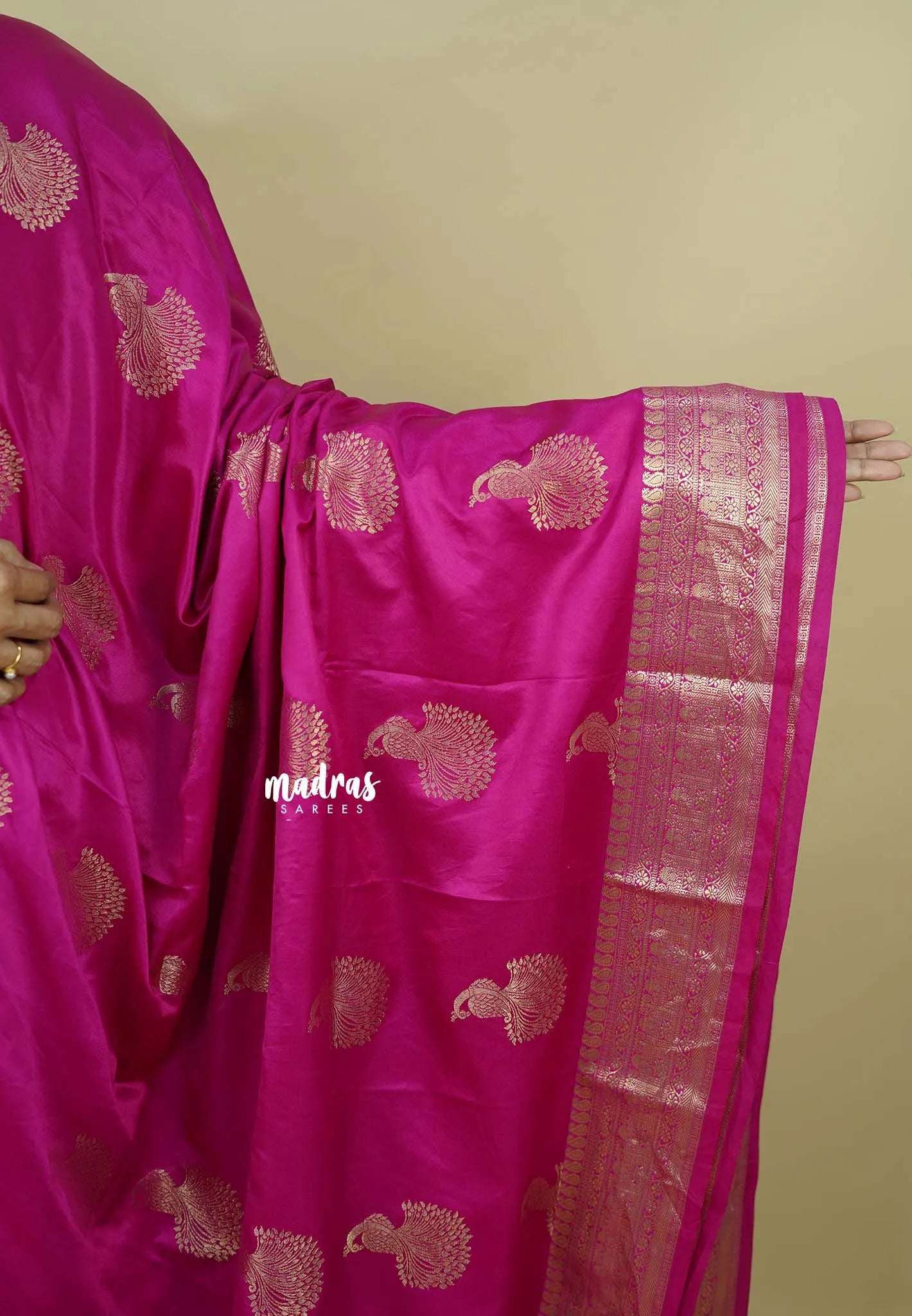 Rani Pink - Sri valli pure satin silk with peacock buttas and gold zari border