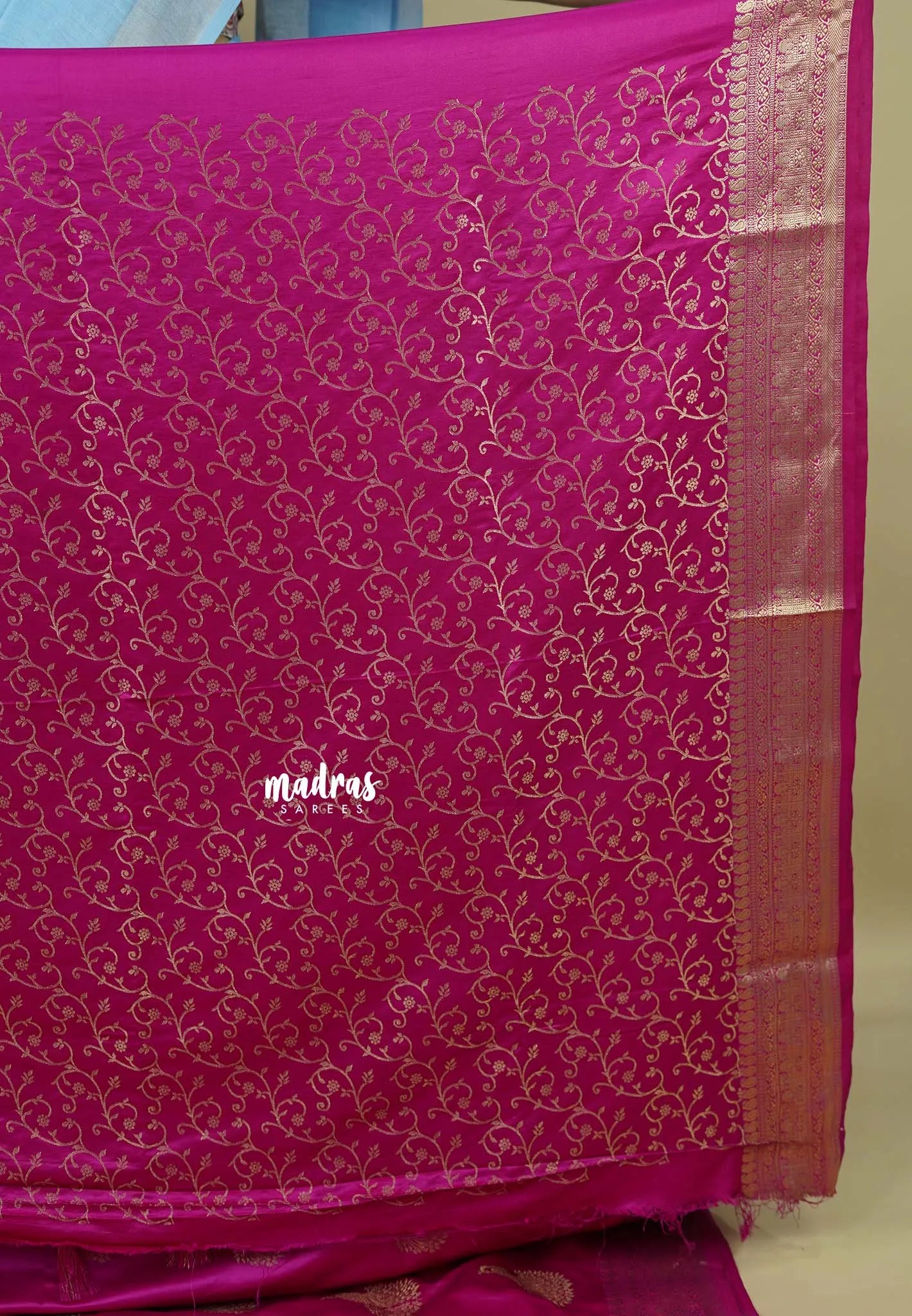 Rani Pink - Sri valli pure satin silk with peacock buttas and gold zari border