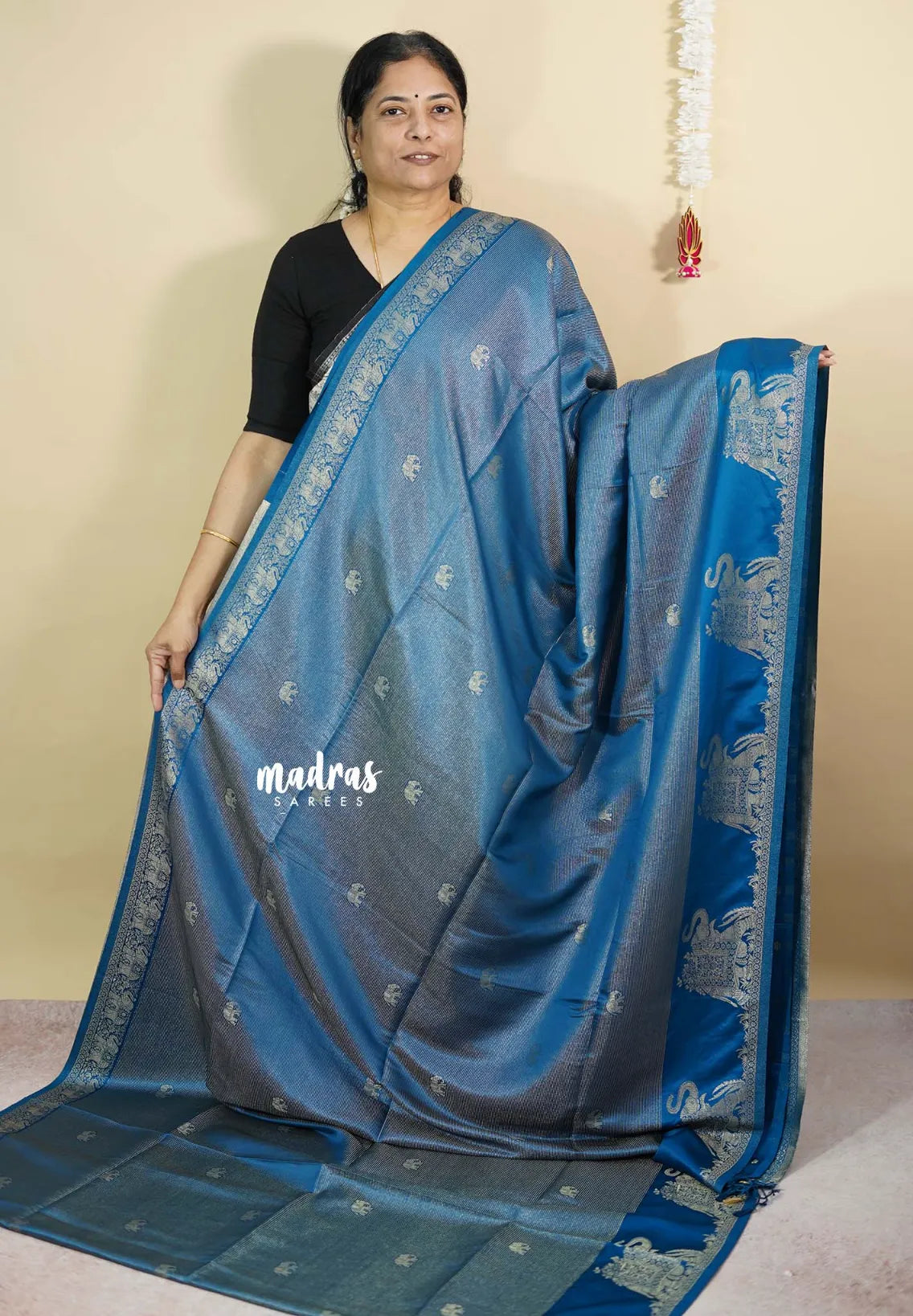 Peacock Blue - Sri valli pure satin silk with vairaoosi full weaving and elephant border