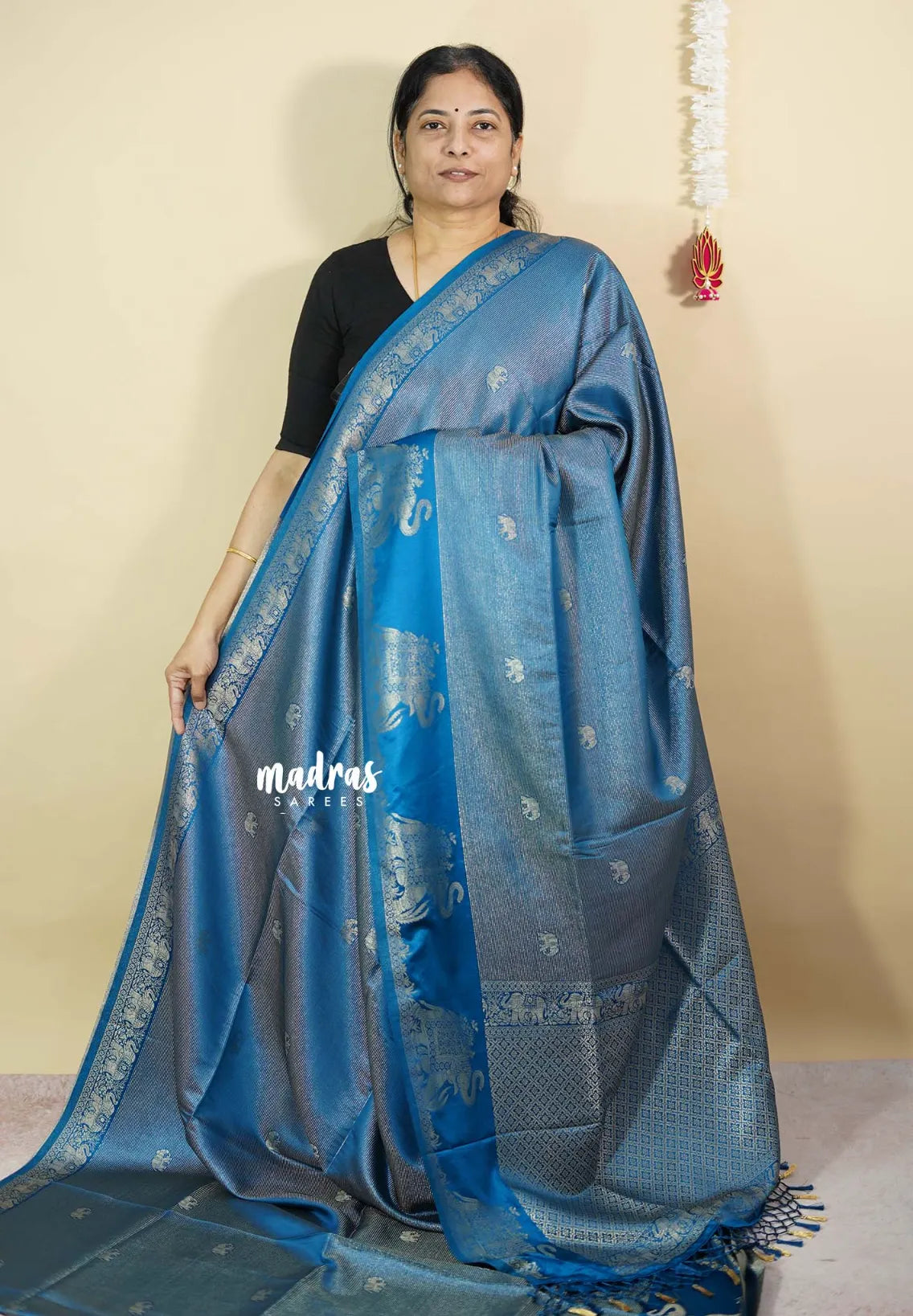 Peacock Blue - Sri valli pure satin silk with vairaoosi full weaving and elephant border