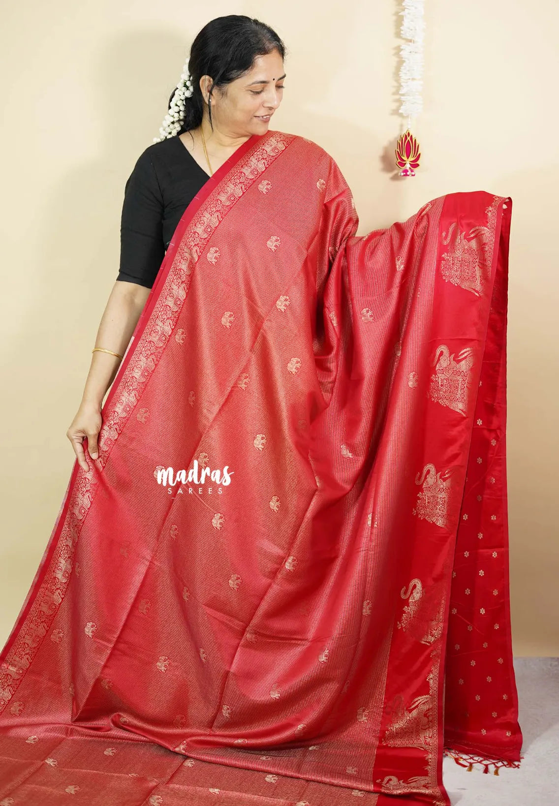 Classic Red - Sri valli pure satin silk with vairaoosi full weaving and elephant border