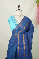 Cobalt Blue - Subbulakshmi - Sungudi 100 Count Saree Checks with Rettapetta Rudraksham Border with Blouse Combo - Best for Casual Wear | Summer Wear | Temple visit