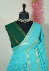 Turquoise Blue - Subbulakshmi - Sungudi 100 Count Saree with Rettapetta Rudraksham Border Ayutha ezhuthu Buttas with Blouse Combo - Best for Casual Wear | Summer Wear | School | College | Office wear