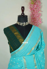 Turquoise Blue - Subbulakshmi - Sungudi 100 Count Saree with Rettapetta Rudraksham Border Ayutha ezhuthu Buttas with Blouse Combo - Best for Casual Wear | Summer Wear | School | College | Office wear