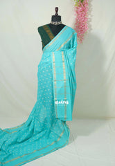 Turquoise Blue - Subbulakshmi - Sungudi 100 Count Saree with Rettapetta Rudraksham Border Ayutha ezhuthu Buttas with Blouse Combo - Best for Casual Wear | Summer Wear | School | College | Office wear