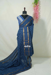Dark Indigo Blue - Subbulakshmi - Sungudi 100 Count Saree with Rettapetta Rudraksham Border Ayutha ezhuthu Buttas with Blouse Combo - Best for Casual Wear | Summer Wear | School | College | Office wear