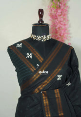 Jet Black - Subbulakshmi - Sungudi 100 Count Saree with Rettapetta Rudraksham Border Ayutha ezhuthu Buttas with Blouse Combo - Best for Casual Wear | Summer Wear | School | College | Office wear