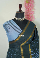 Elephant Grey (Closest Black) - Subbulakshmi - Sungudi 100 Count Saree with Rettapetta Rudraksham Border Ayutha ezhuthu Buttas and Stripes with Blouse Combo - Best for Casual Wear | Summer Wear | School | College | Office wear
