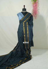 Elephant Grey (Closest Black) - Subbulakshmi - Sungudi 100 Count Saree with Rettapetta Rudraksham Border Ayutha ezhuthu Buttas and Stripes with Blouse Combo - Best for Casual Wear | Summer Wear | School | College | Office wear